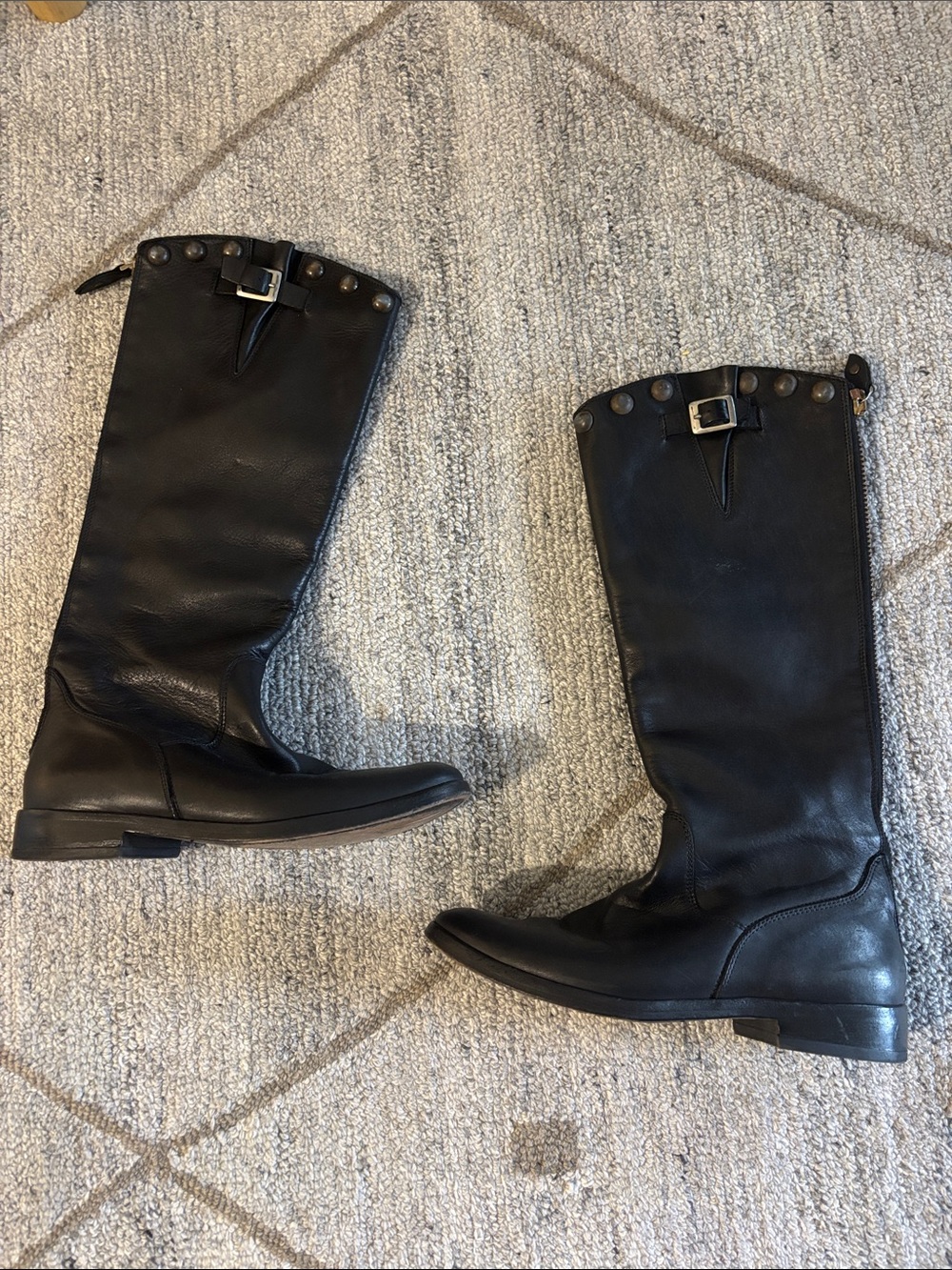 Black Leather Knee-High Buckle & Stud Riding Boots - Golden Goose - Vintage- 38